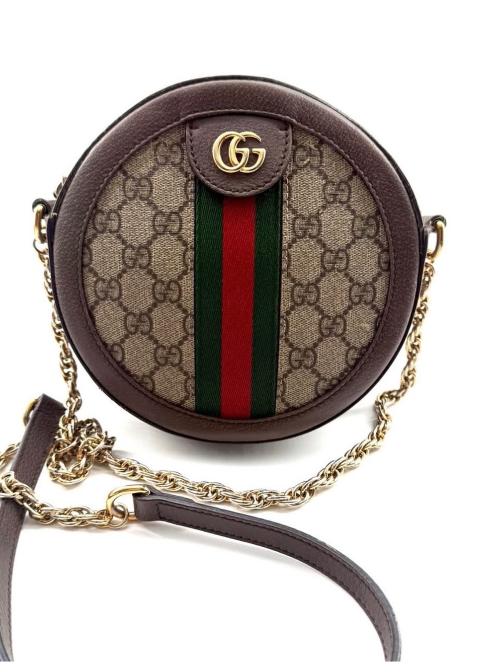 Gucci Brown GG Canvas Round Crossbody with Green-Red Web Stripe